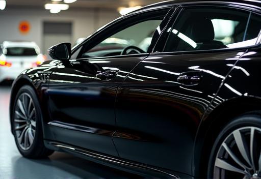 Black sedan with mirror-like shine after detailing.