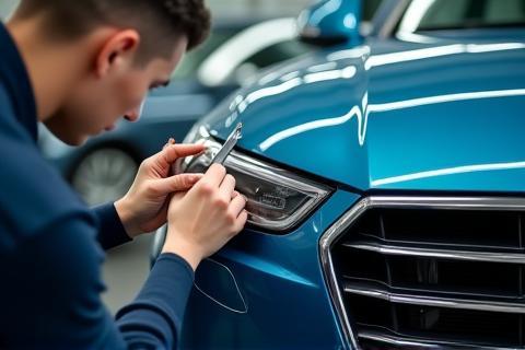 Technician detailing a car's exterior trim.