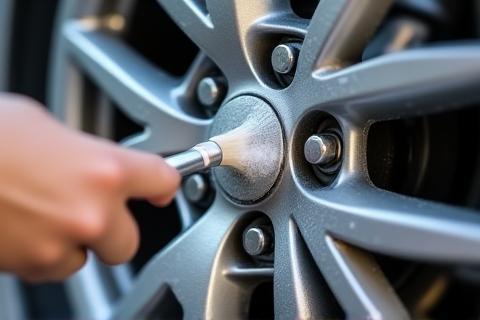 Cleaning a car wheel with specialized brush.